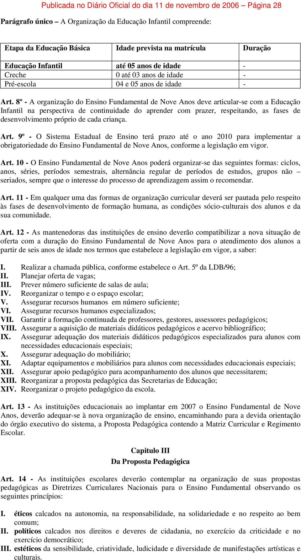 8º - A organização do Ensino Fundamental de Nove Anos deve articular-se com a Educação Infantil na perspectiva de continuidade do aprender com prazer, respeitando, as fases de desenvolvimento próprio