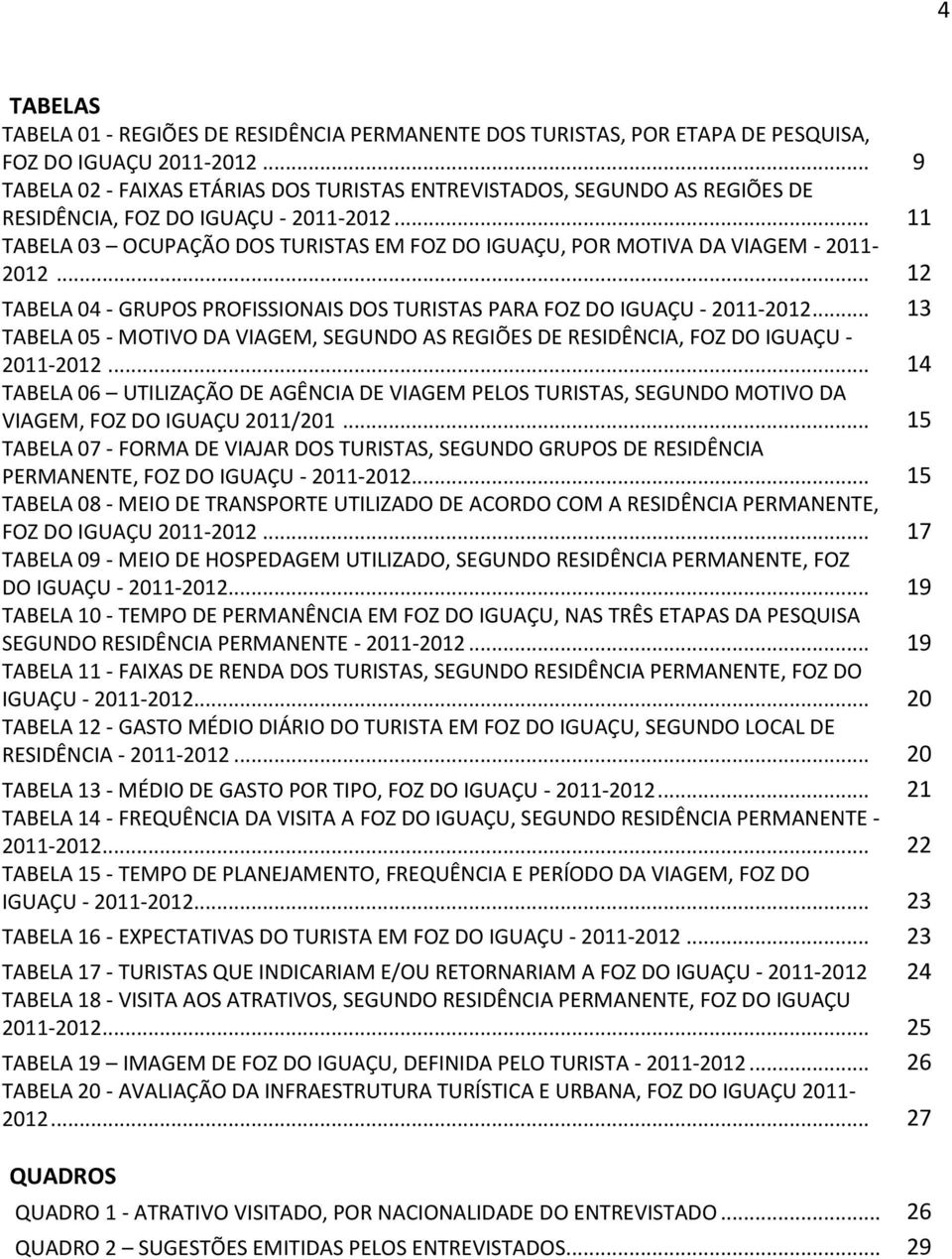 .. 11 TABELA 03 OCUPAÇÃO DOS TURISTAS EM FOZ DO IGUAÇU, POR MOTIVA DA VIAGEM - 2011-2012... 12 TABELA 04 - GRUPOS PROFISSIONAIS DOS TURISTAS PARA FOZ DO IGUAÇU - 2011-2012.