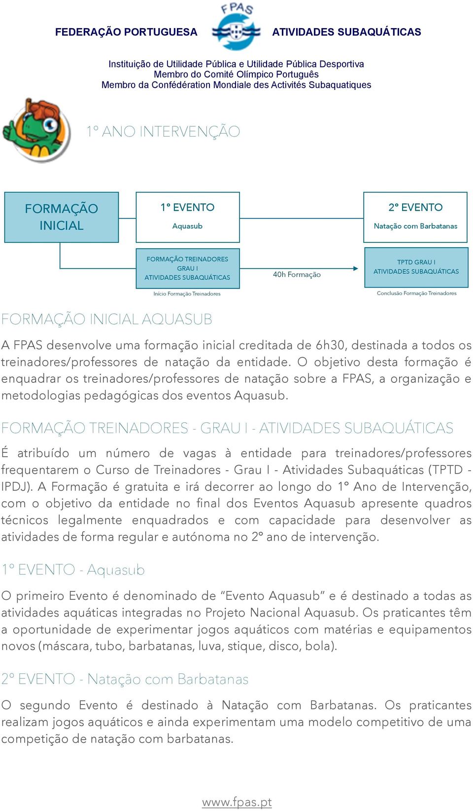 O objetivo desta formação é enquadrar os treinadores/professores de natação sobre a FPAS, a organização e metodologias pedagógicas dos eventos Aquasub.