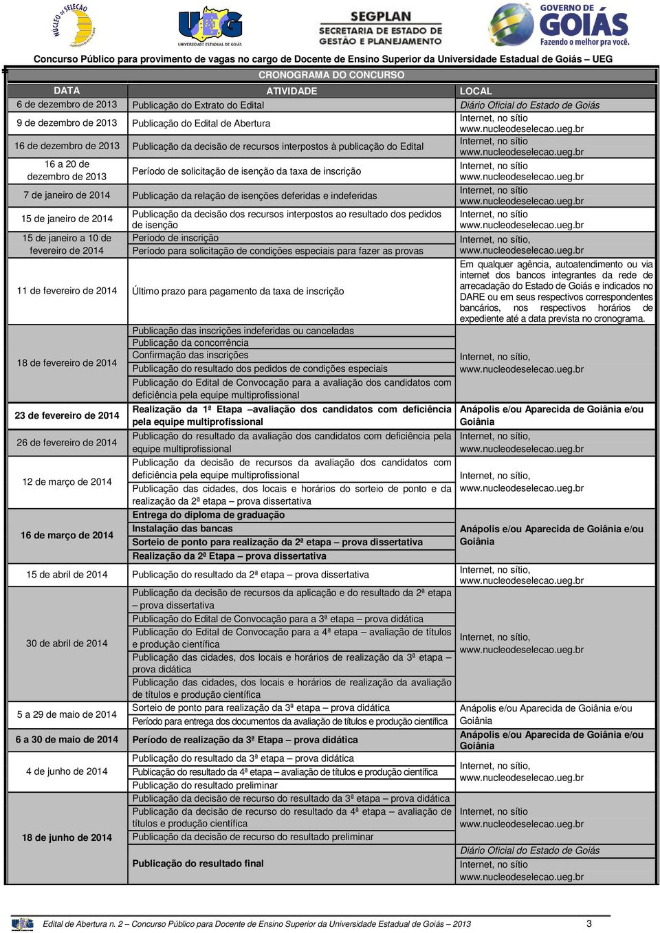 br 16 de dezembro de 2013 Publicação da decisão de recursos interpostos à publicação do Edital Internet, no br 16 a 20 de dezembro de 2013 Período de solicitação de isenção da taxa de inscrição 7 de