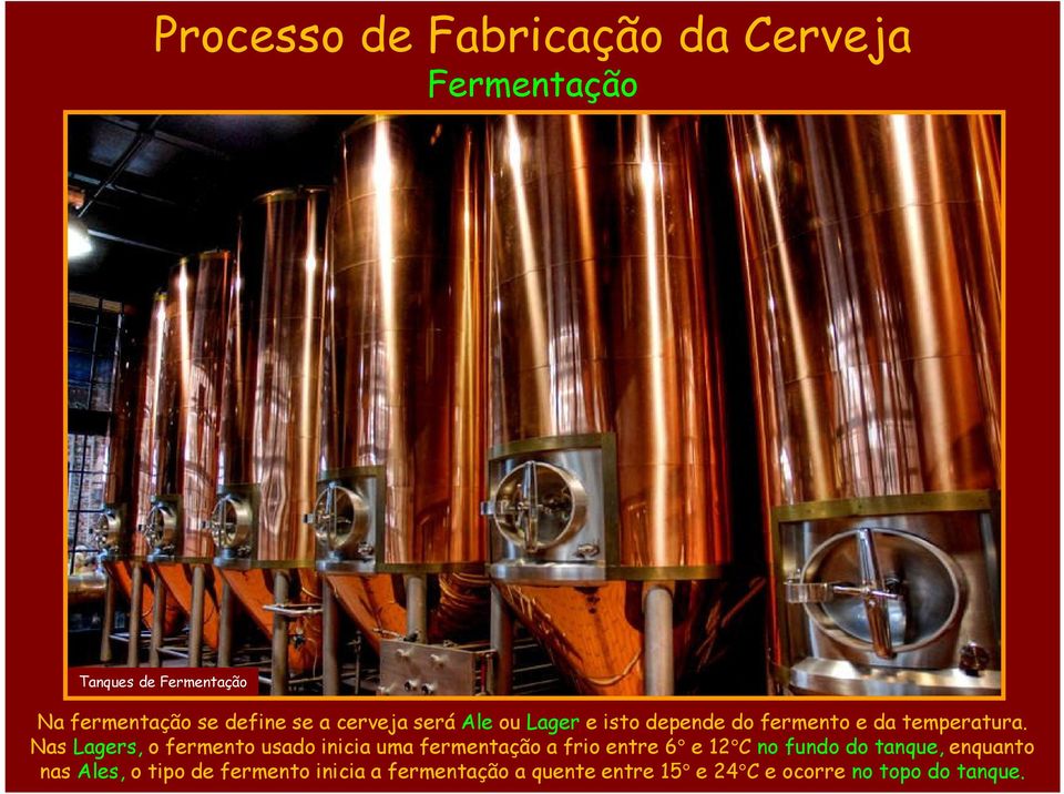 Nas Lagers, o fermento usado inicia uma fermentação a frio entre 6 e 12 C no fundo do tanque,