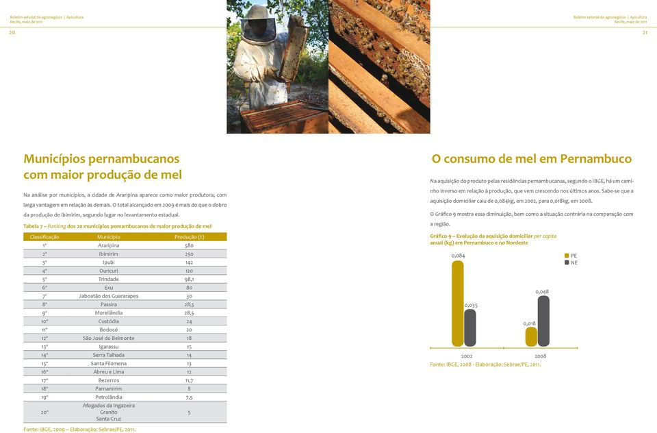 Tabela 7 Ranking dos 20 municípios pernambucanos de maior produção de mel Classificação Município Produção (t) 1º Araripina 580 2º Ibimirim 250 3º Ipubi 142 4º Ouricuri 120 5º Trindade 98,1 6º Exu 80