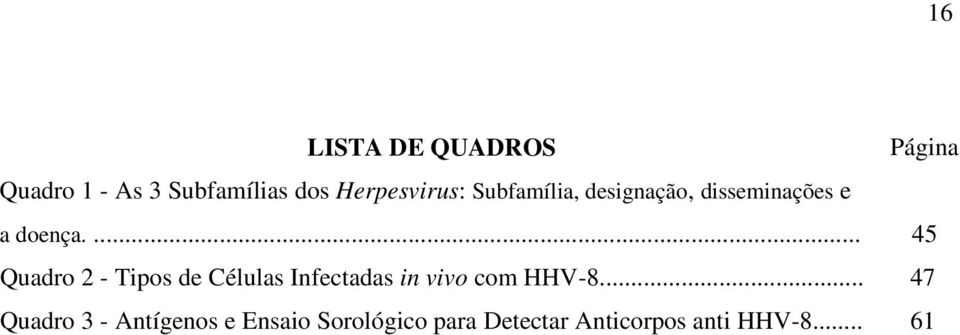 ... 45 Quadro 2 - Tipos de Células Infectadas in vivo com HHV-8.