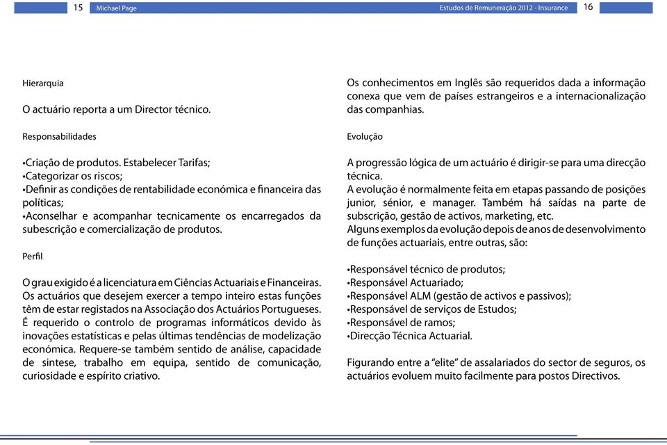 comercialização de produtos. Perfil O grau exigido é a licenciatura em Ciências Actuariais e Financeiras.