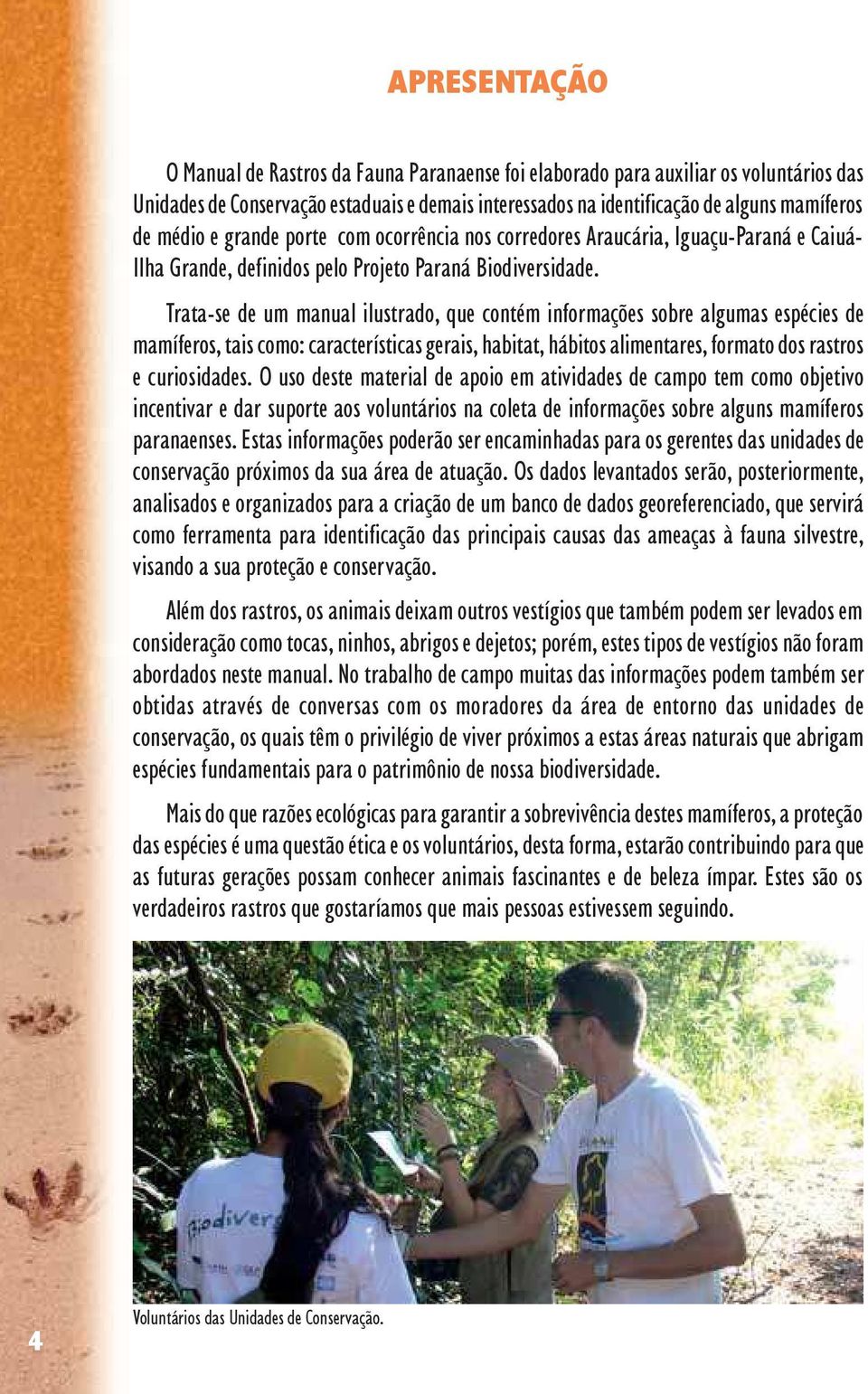 Trata-se de um manual ilustrado, que contém informações sobre algumas espécies de mamíferos, tais como: características gerais, habitat, hábitos alimentares, formato dos rastros e curiosidades.