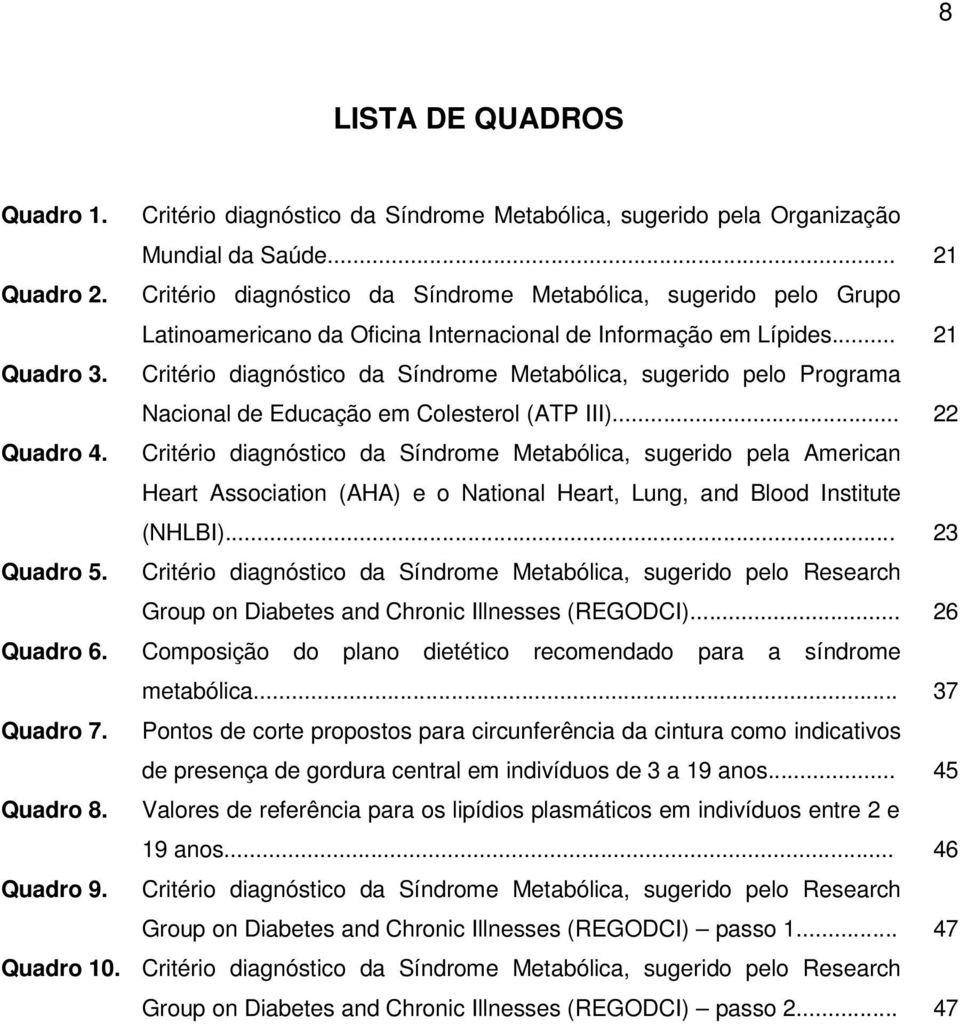 Critério diagnóstico da Síndrome Metabólica, sugerido pelo Programa Nacional de Educação em Colesterol (ATP III)... 22 Quadro 4.