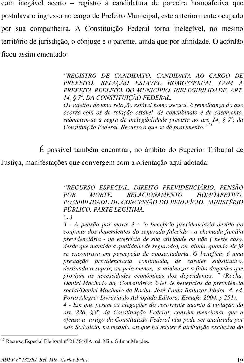 CANDIDATA AO CARGO DE PREFEITO. RELAÇÃO ESTÁVEL HOMOSSEXUAL COM A PREFEITA REELEITA DO MUNICÍPIO. INELEGIBILIDADE. ART. 14, 7º, DA CONSTITUIÇÃO FEDERAL.