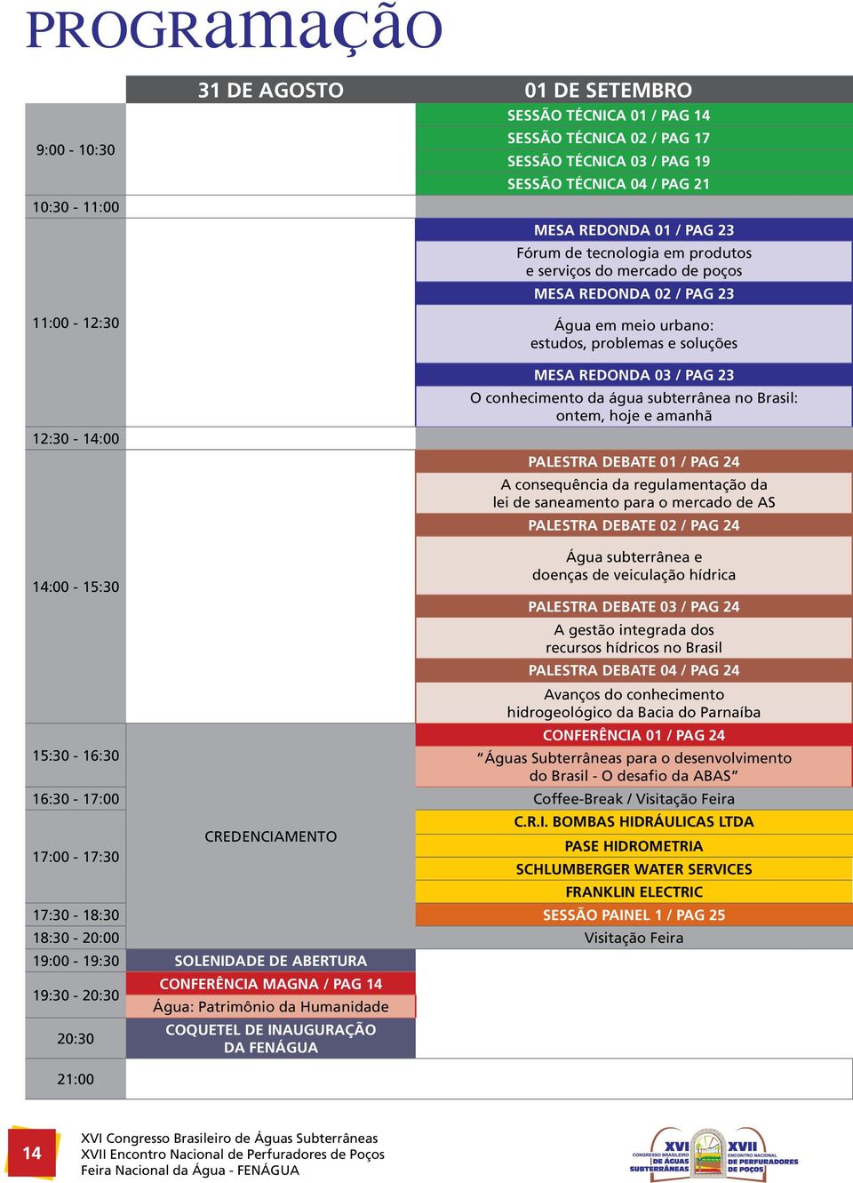 da água subterrânea no Brasil: ontem, hoje e amanhã Palestra Debate 01 / pag 24 A consequência da regulamentação da lei de saneamento para o mercado de AS Palestra Debate 02 / pag 24 14:00-15:30