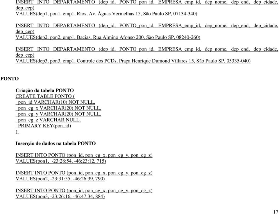 200, São Paulo SP, 08240-260) INSERT INTO DEPARTAMENTO (dep_id, PONTO_pon_id, EMPRESA_emp_id, dep_nome, dep_end, dep_cidade, dep_cep) VALUES(dep3, pon3, emp1, Controle dos PCDs, Praça Henrique Dumond