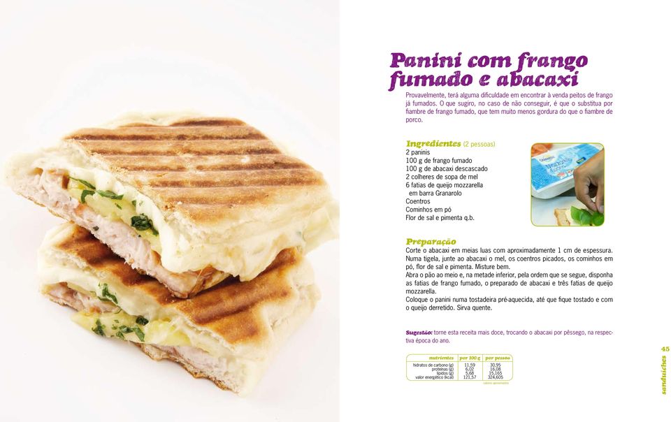 2 paninis 100 g de frango fumado 100 g de abacaxi descascado 2 colheres de sopa de mel 6 fatias de queijo mozzarella em barra Granarolo Coentros Cominhos em pó Flor de sal e pimenta q.b. Corte o abacaxi em meias luas com aproximadamente 1 cm de espessura.