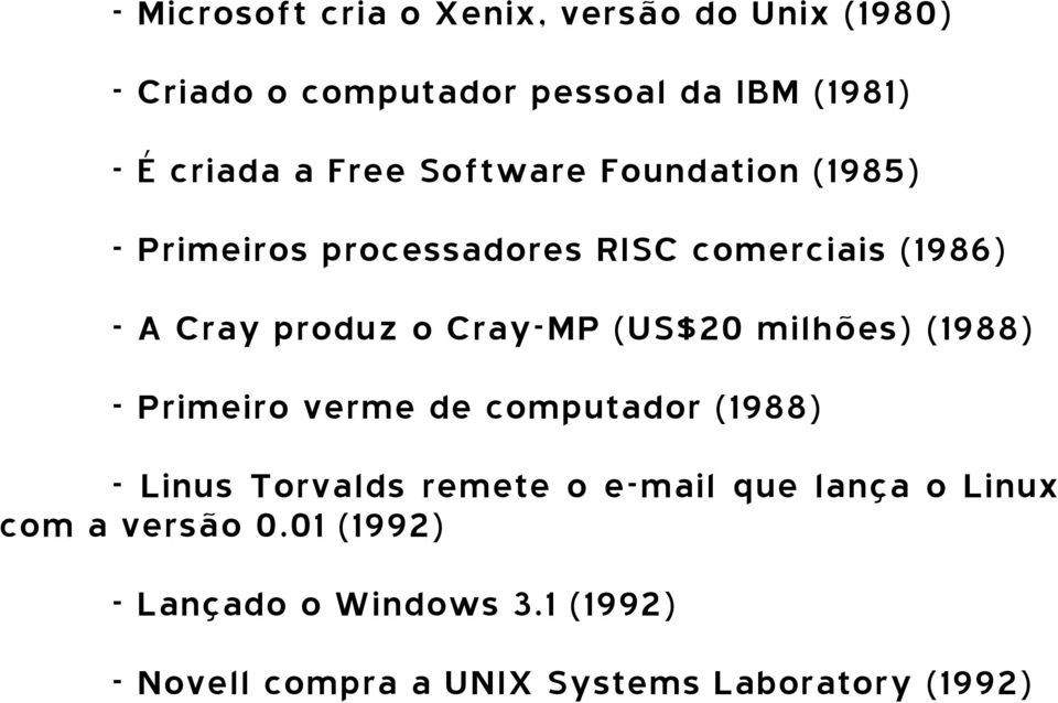 (US$20 milhões) (1988) - Primeiro verme de computador (1988) - Linus Torvalds remete o e-mail que lança o