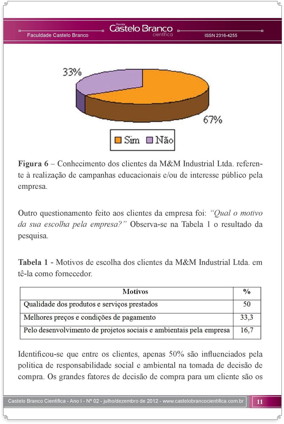 Tabela 1 - Motivos de escolha dos clientes da M&M Industrial Ltda. em tê-la como fornecedor.