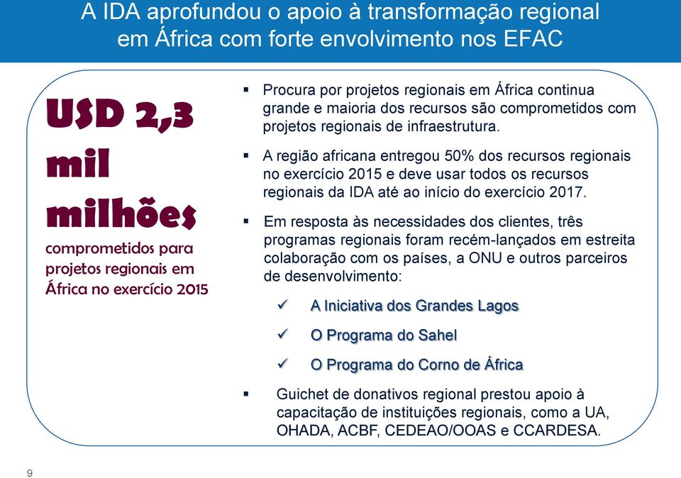 A região africana entregou 50% dos recursos regionais no exercício 2015 e deve usar todos os recursos regionais da IDA até ao início do exercício 2017.