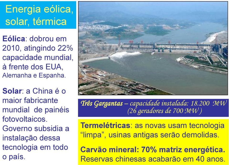 Governo subsidia a instalação dessa tecnologia em todo o país. Três Gargantas capacidade instalada: 18.