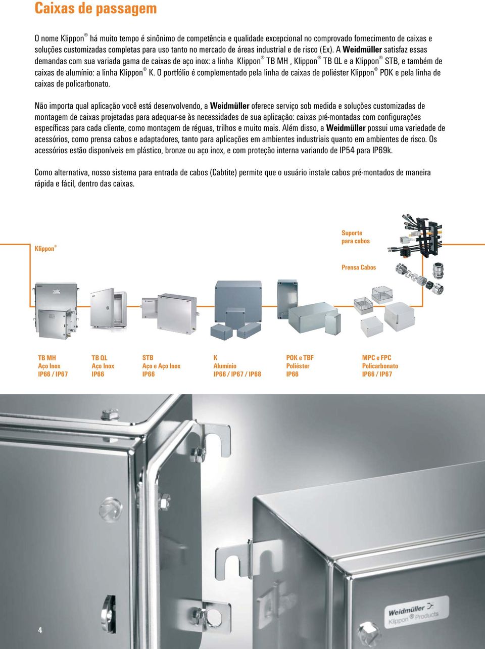 A Weidmüller satisfaz essas demandas com sua variada gama de caixas de aço inox: a linha Klippon TB MH, Klippon TB QL e a Klippon STB, e também de caixas de alumínio: a linha Klippon K.