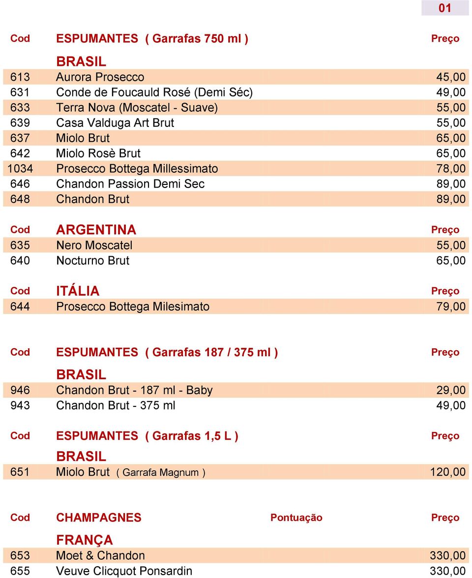 55,00 640 Nocturno Brut 65,00 ITÁLIA 644 Prosecco Bottega Milesimato 79,00 01 ESPUMANTES ( Garrafas 187 / 375 ml ) 946 Chandon Brut - 187 ml - Baby 29,00 943 Chandon Brut -