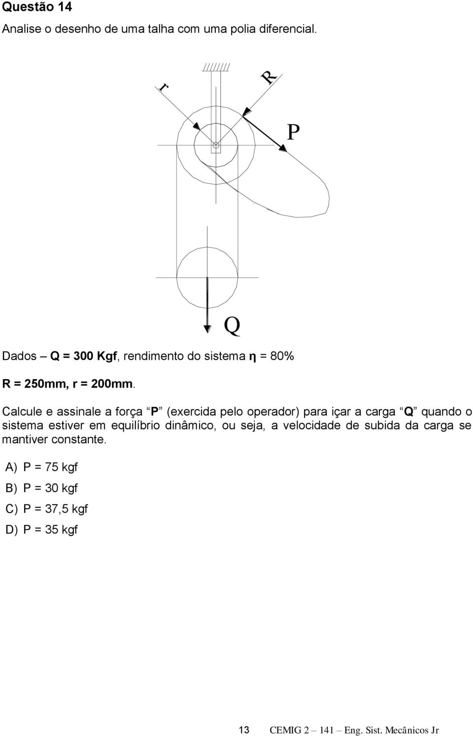 Calcule e assinale a força P (exercida pelo operador) para içar a carga Q quando o sistema estiver em
