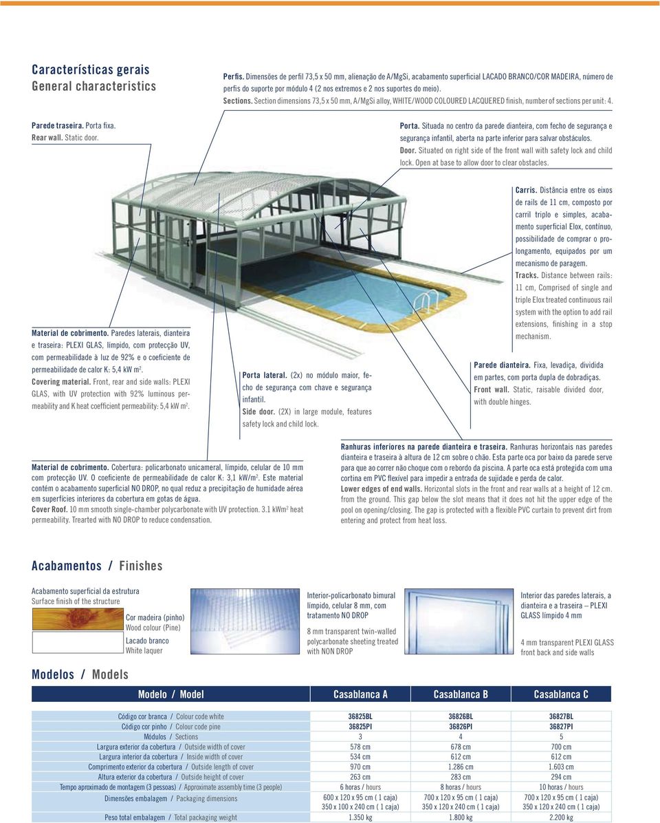 Section dimensions 73,5 x 50 mm, A/MgSi alloy, WHITE/WOOD COLOURED LACQUERED finish, number of sections per unit: 4. Parede traseira. Porta 