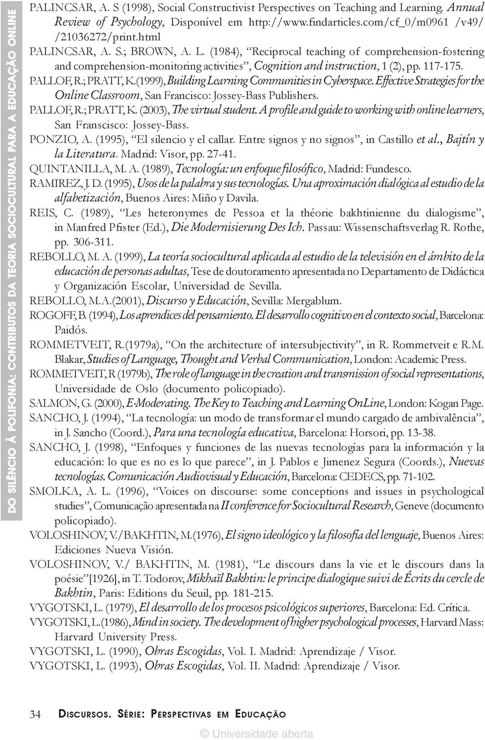 (1984), Reciprocal teaching of comprehension-fostering and comprehension-monitoring activities, Cognition and instruction, 1 (2), pp. 117-175. PALLOF, R.; PRATT, K.