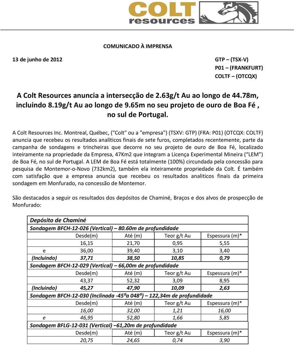 Montreal, Québec, ("Colt" ou a "empresa") (TSXV: GTP) (FRA: P01) (OTCQX: COLTF) anuncia que recebeu os resultados analíticos finais de sete furos, completados recentemente, parte da campanha de