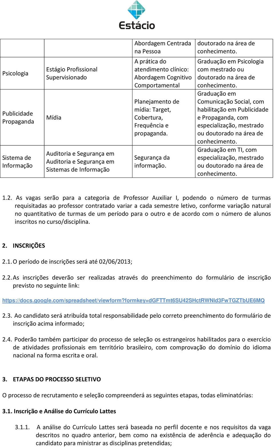 doutorado na área de Graduação em Psicologia com mestrado ou doutorado na área de Graduação em Comunicação Social, com habilitação em Publicidade e Propaganda, com Graduação em TI, com 1.2.