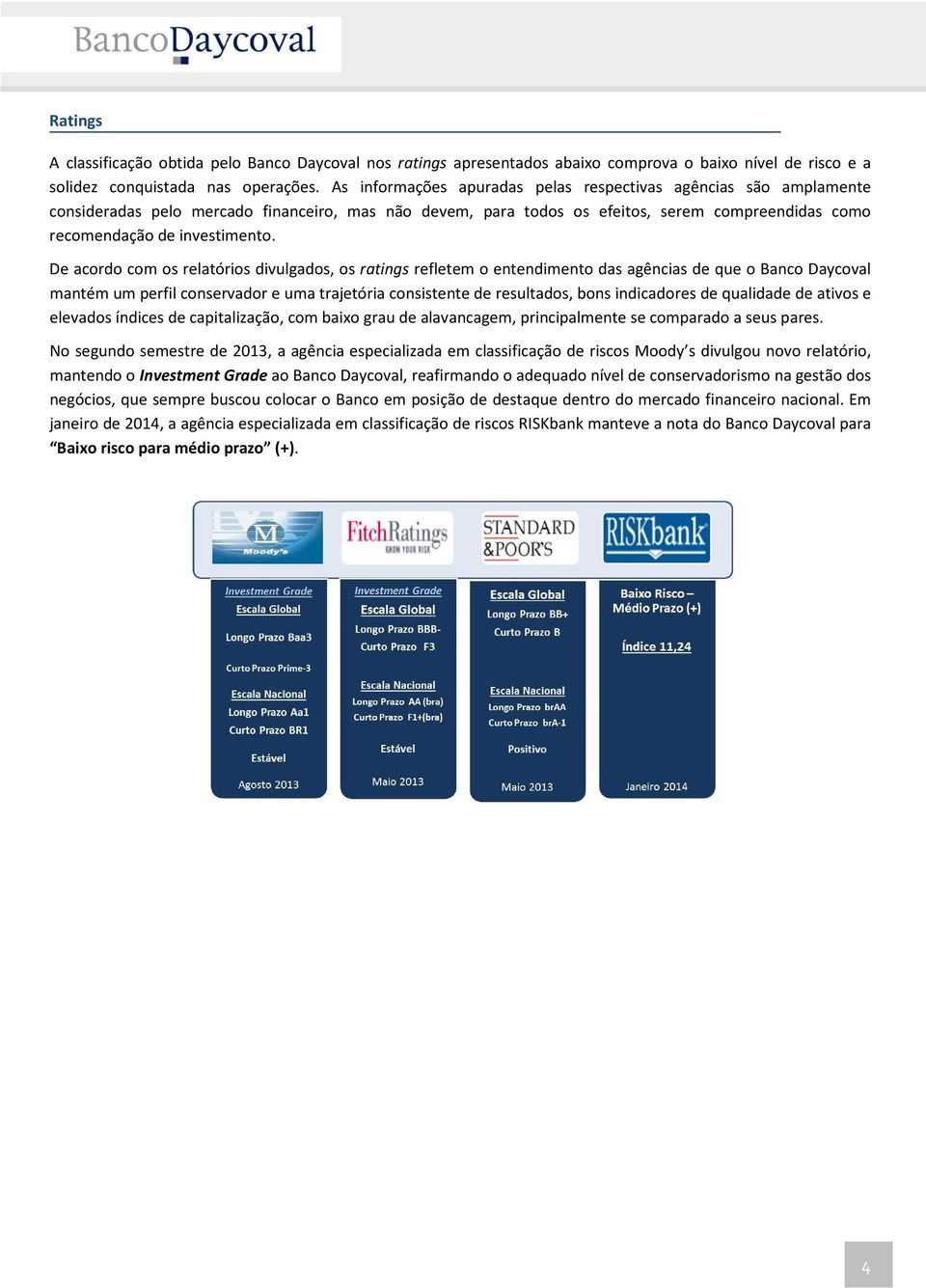 De acordo com os relatórios divulgados, os ratings refletem o entendimento das agências de que o Banco Daycoval mantém um perfil conservador e uma trajetória consistente de resultados, bons