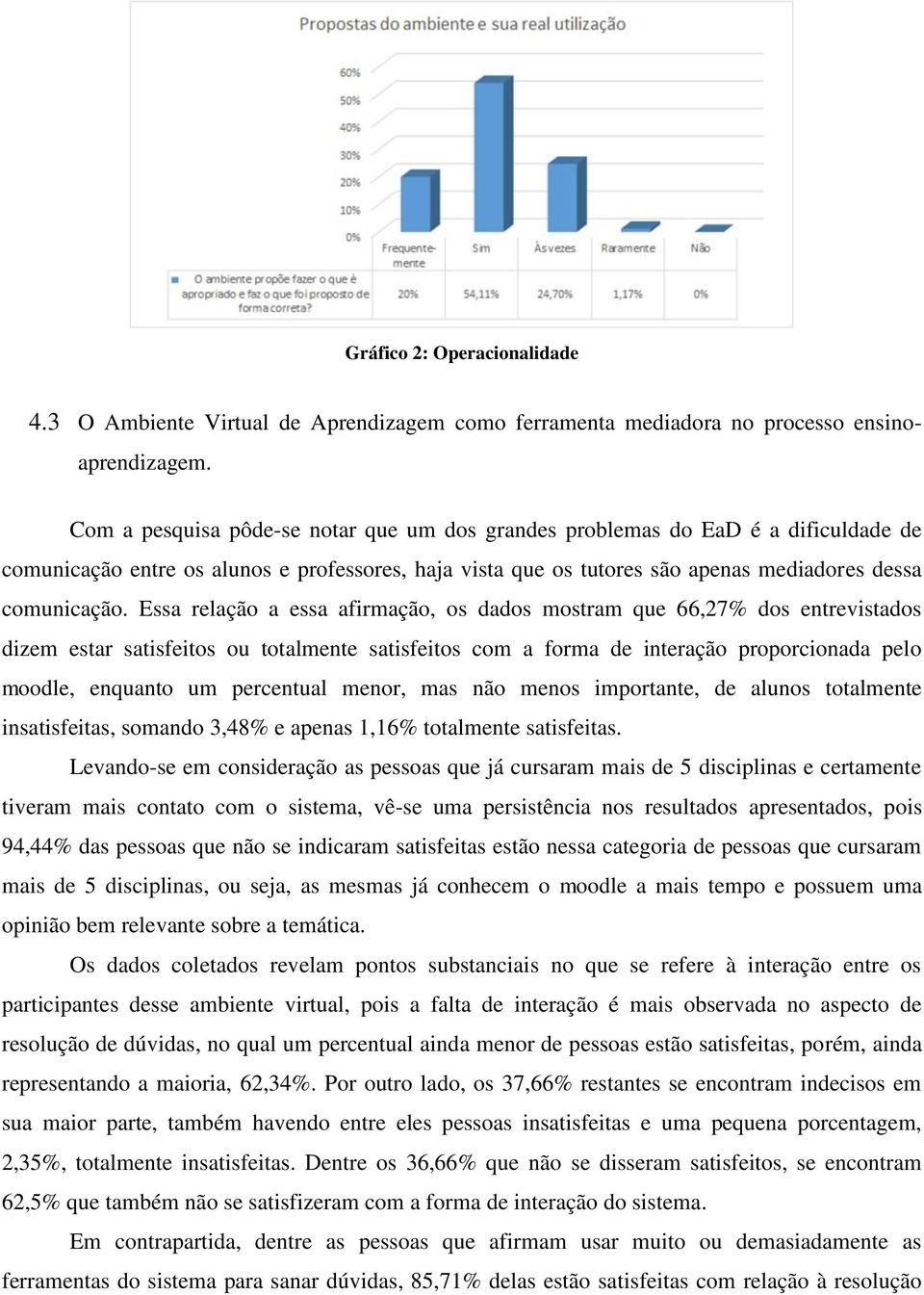 Essa relação a essa afirmação, os dados mostram que 66,27% dos entrevistados dizem estar satisfeitos ou totalmente satisfeitos com a forma de interação proporcionada pelo moodle, enquanto um