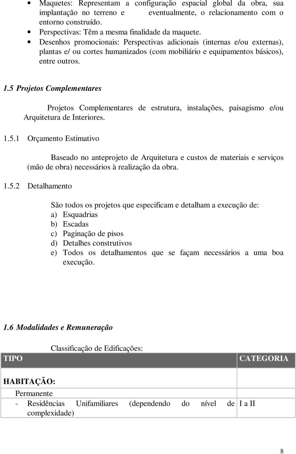 5 Projetos Complementares Projetos Complementares de estrutura, instalações, paisagismo e/ou Arquitetura de Interiores. 1.5.1 Orçamento Estimativo Baseado no anteprojeto de Arquitetura e custos de materiais e serviços (mão de obra) necessários à realização da obra.