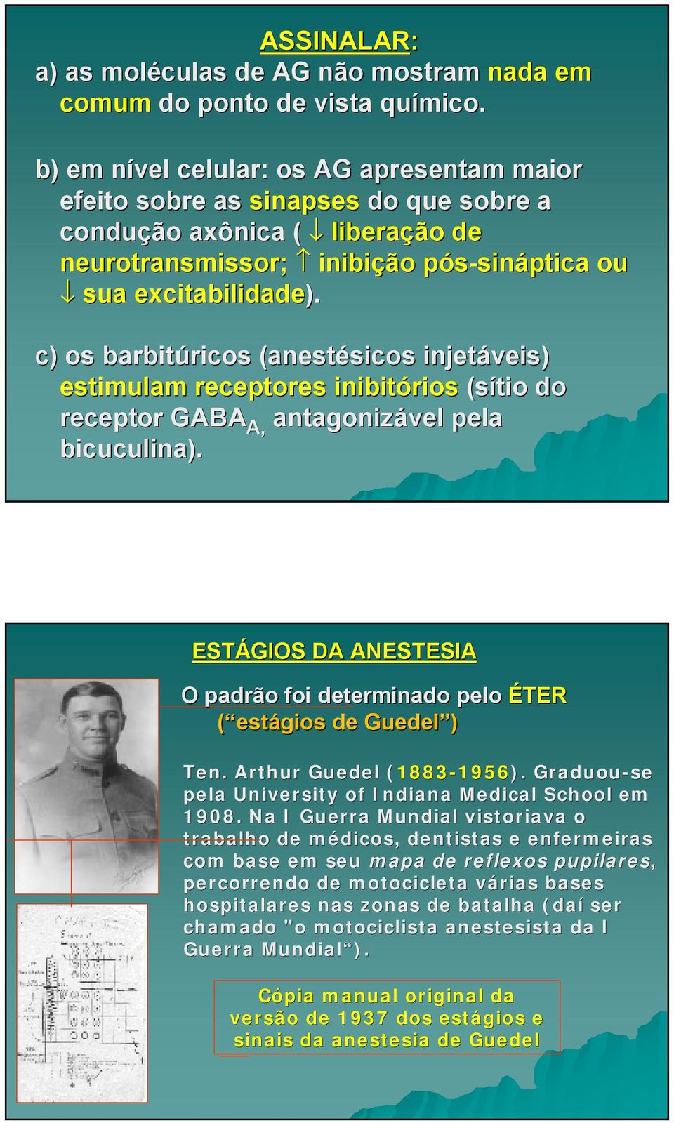 c) os barbitúricos ricos (anestésicos sicos injetáveis) estimulam receptores inibitórios (sítio do receptor GABA A, antagonizável pela bicuculina).