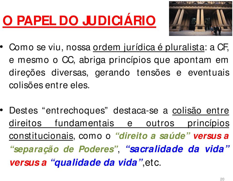 Destes entrechoques destaca-se a colisão entre direitos fundamentais e outros princípios