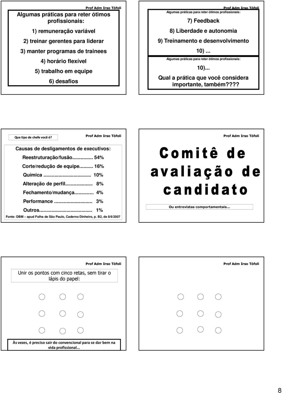 .. Qual a prática que você considera importante, também???? Que tipo de chefe você é? Causas de desligamentos de executivos: Reestruturação/fusão... 54% Corte/redução de equipe... 16% Química.