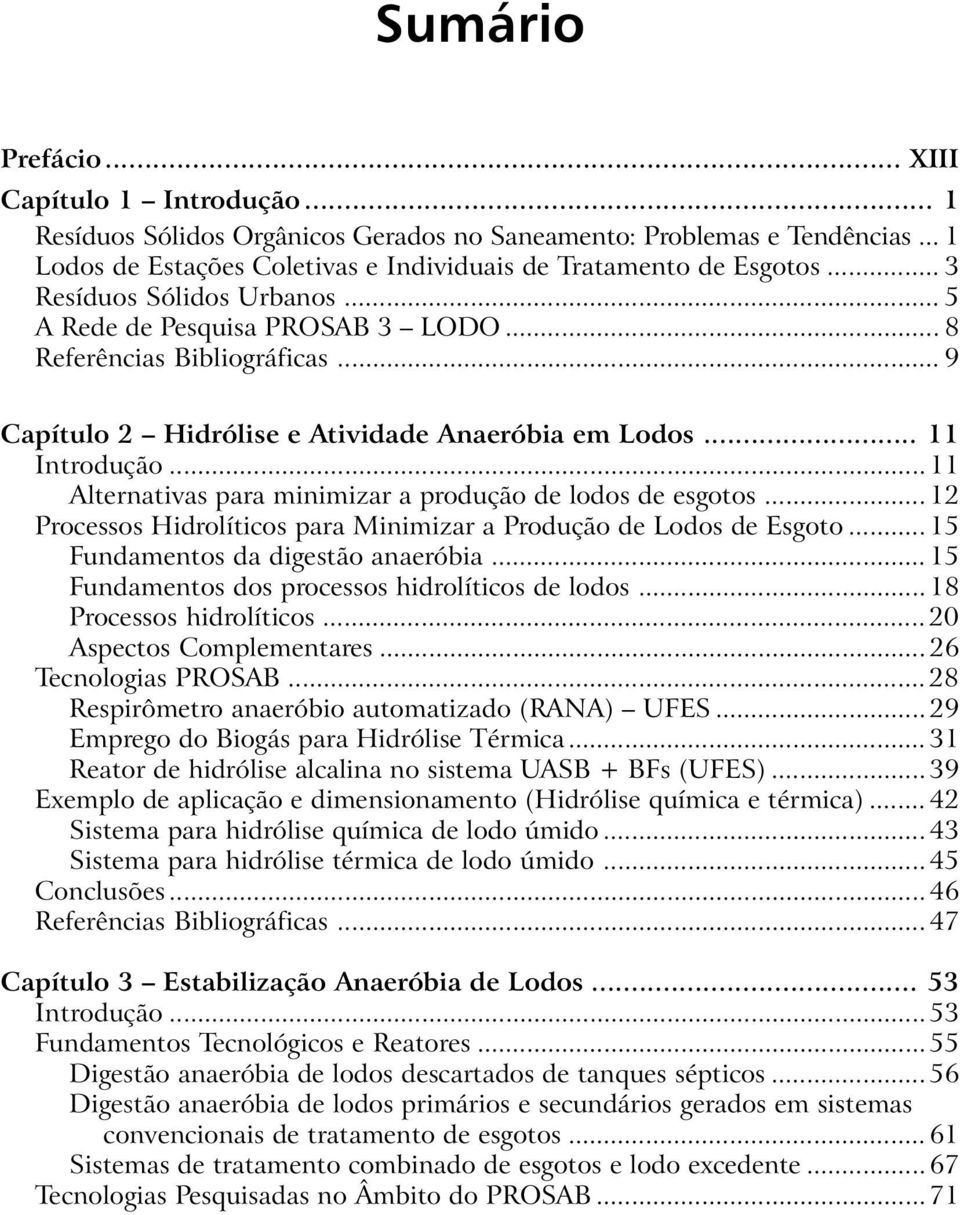 .. 11 Alternativas para minimizar a produção de lodos de esgotos... 12 Processos Hidrolíticos para Minimizar a Produção de Lodos de Esgoto... 15 Fundamentos da digestão anaeróbia.