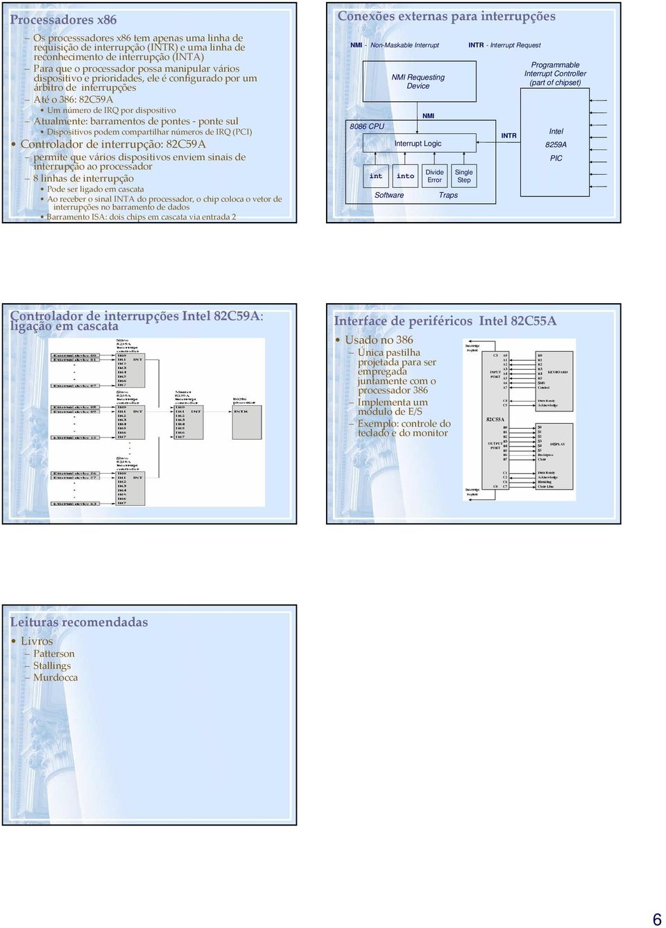 compartilhar números de IRQ (PCI) Controlador de interrupção: 82C59A permite que vários dispositivos enviem sinais de interrupção ao processador 8 linhas de interrupção Pode ser ligado em cascata Ao