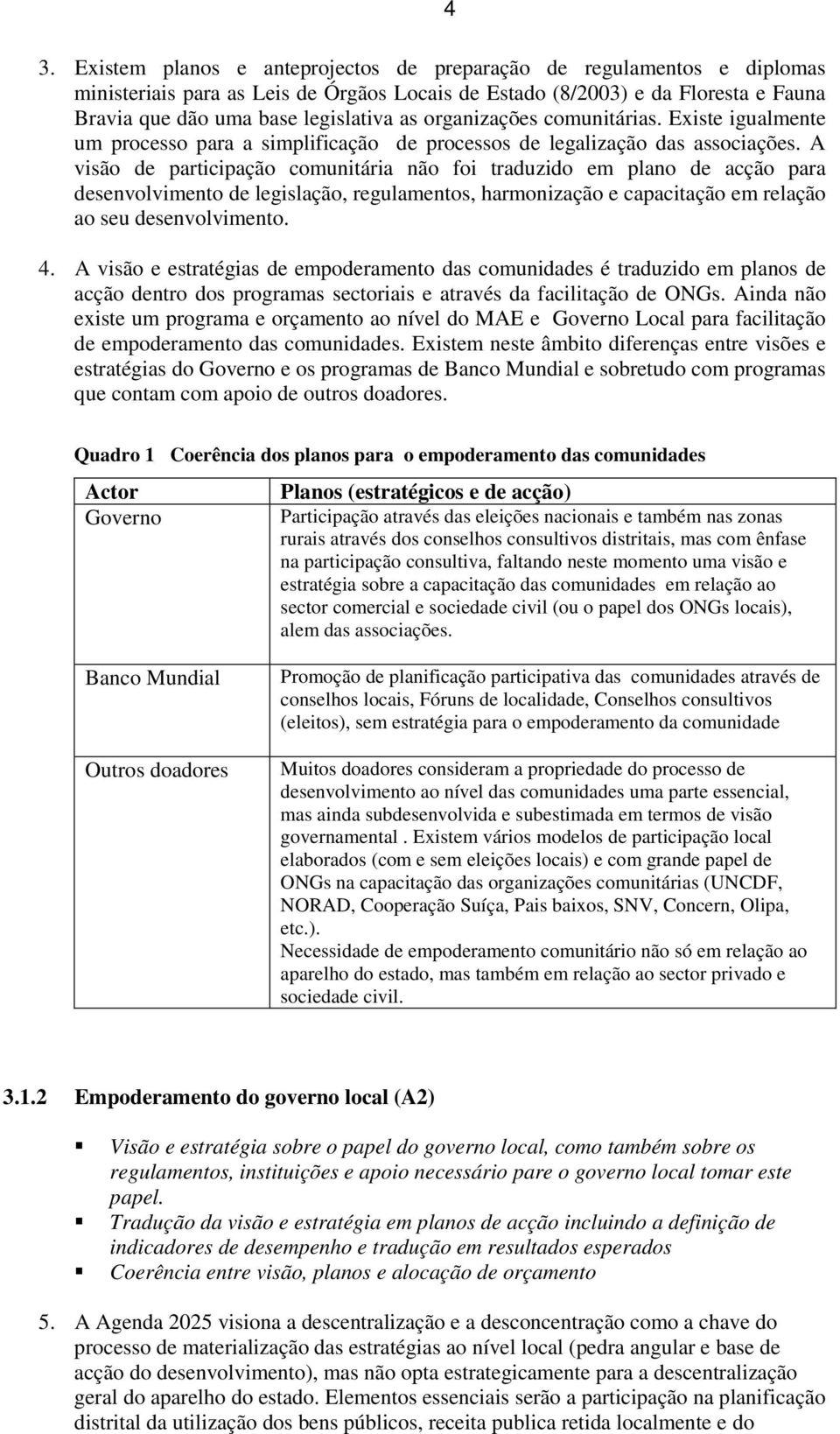 A visão de participação comunitária não foi traduzido em plano de acção para desenvolvimento de legislação, regulamentos, harmonização e capacitação em relação ao seu desenvolvimento. 4.