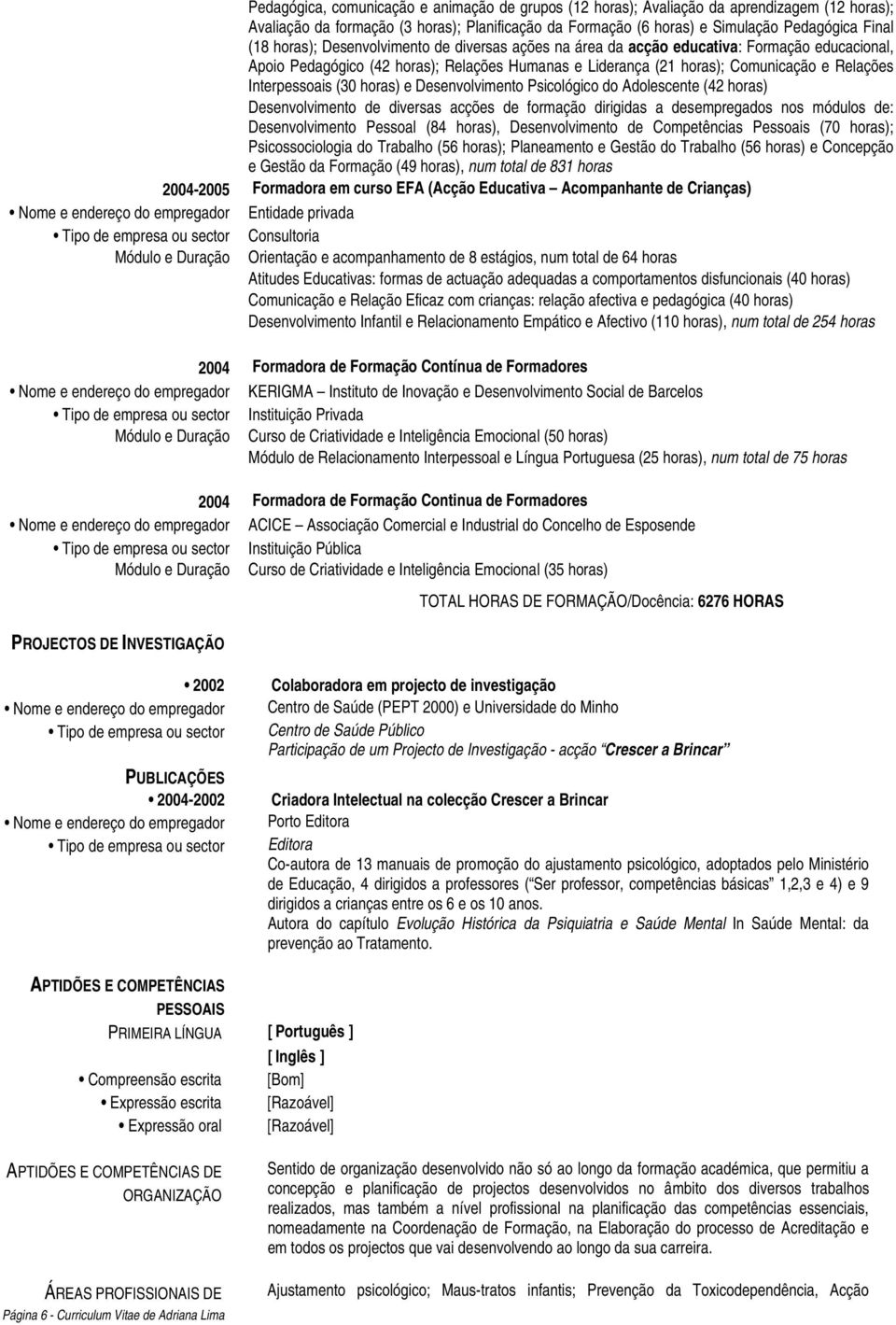 Desenvolvimento Psicológico do Adolescente (42 horas) Desenvolvimento de diversas acções de formação dirigidas a desempregados nos módulos de: Desenvolvimento Pessoal (84 horas), Desenvolvimento de