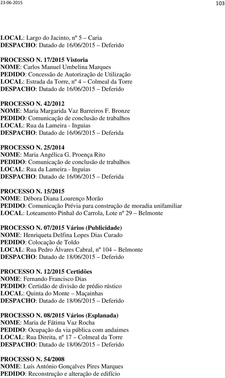 42/2012 NOME: Maria Margarida Vaz Barreiros F. Bronze PEDIDO: Comunicação de conclusão de trabalhos LOCAL: Rua da Lameira - Inguias DESPACHO: Datado de 16/06/2015 Deferida PROCESSO N.