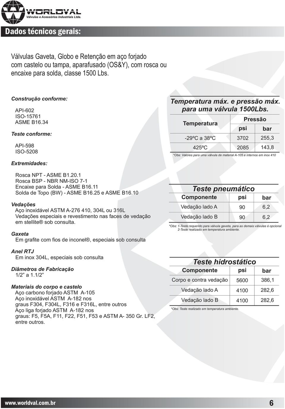 0 Vedações Aço inoxidável ASTM A- 0, 0L ou L Vedações especiais e revestimento nas faces de vedação em stellite sob consulta.