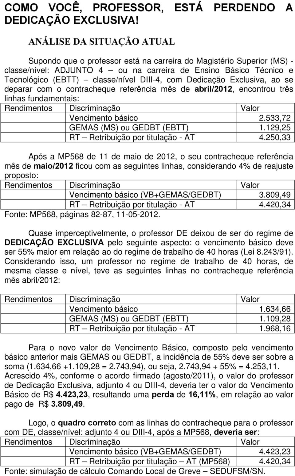 Dedicação Exclusiva, ao se deparar com o contracheque referência mês de abril/2012, encontrou três linhas fundamentais: básico 2.533,72 GEMAS (MS) ou GEDBT (EBTT) 1.