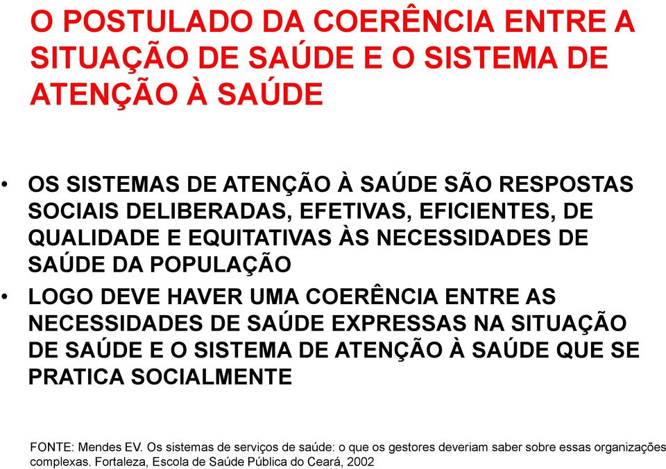 NECESSIDADES DE SAÚDE EXPRESSAS NA SITUAÇÃO DE SAÚDE E O SISTEMA DE ATENÇÃO À SAÚDE QUE SE PRATICA SOCIALMENTE FONTE: Mendes EV.