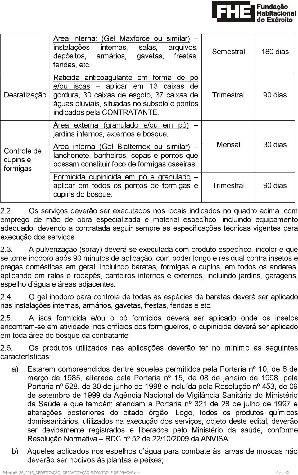 indicados pela CONTRATANTE. Trimestral 90 dias Controle de cupins e formigas Área externa (granulado e/ou em pó) jardins internos, externos e bosque.