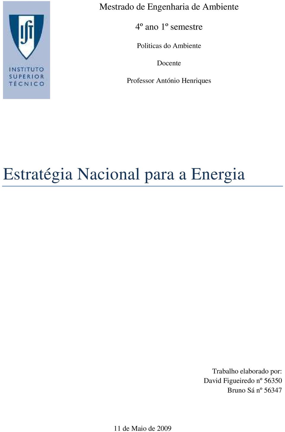 Estratégia Nacional para a Energia Trabalho elaborado por: