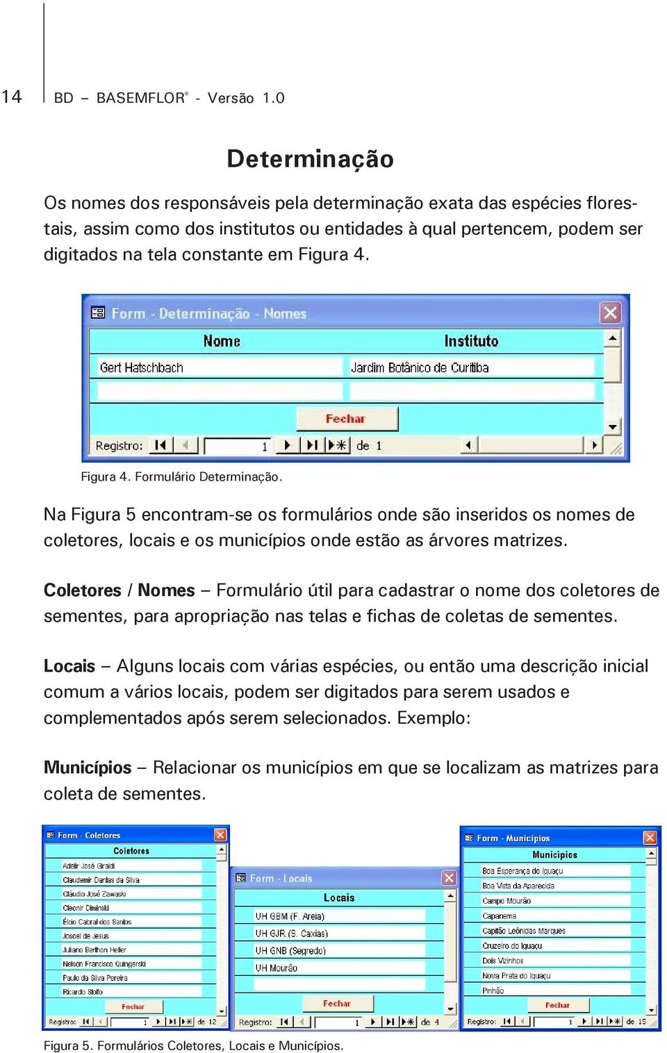 Figura 4. Formulário Determinação. Na Figura 5 encontram-se os formulários onde são inseridos os nomes de coletores, locais e os municípios onde estão as árvores matrizes.