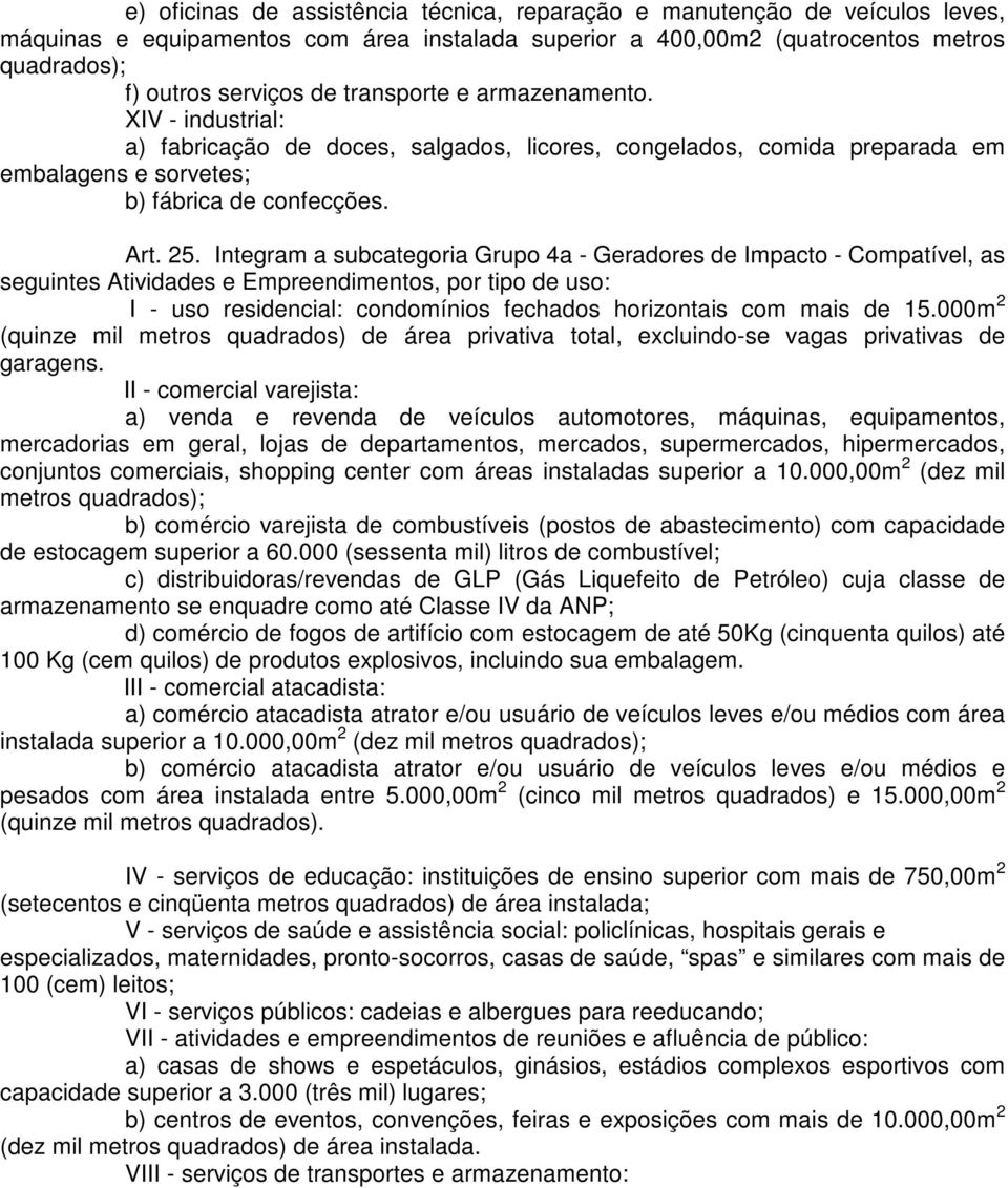 Integram a subcategoria Grupo 4a - Geradores de Impacto - Compatível, as seguintes Atividades e Empreendimentos, por tipo de uso: I - uso residencial: condomínios fechados horizontais com mais de 15.