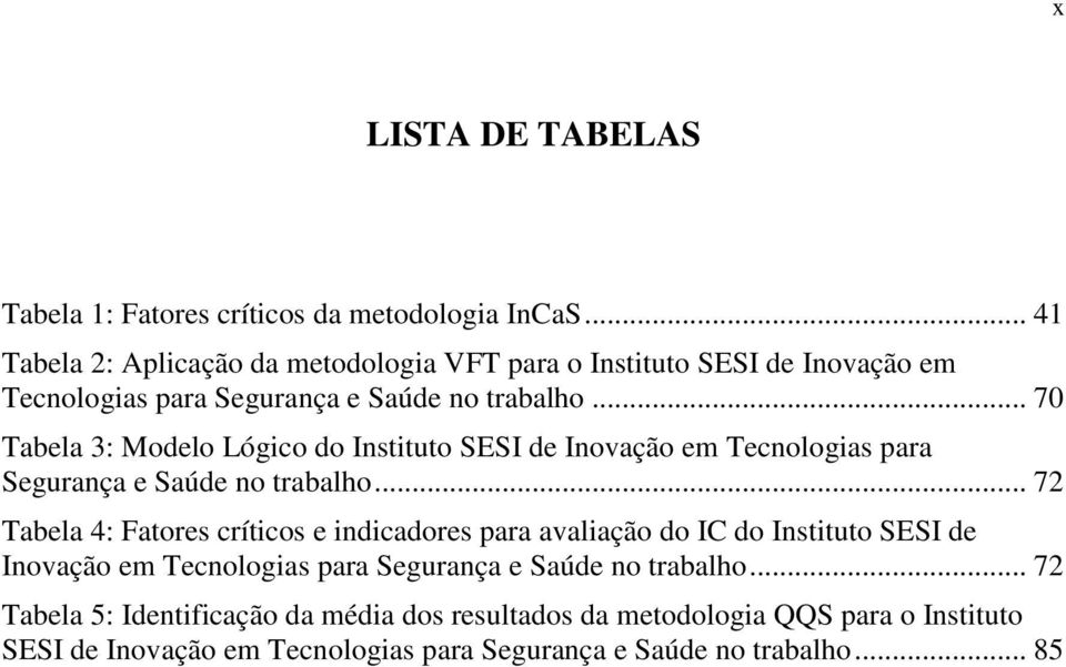 .. 70 Tabela 3: Modelo Lógico do Instituto SESI de Inovação em Tecnologias para Segurança e Saúde no trabalho.