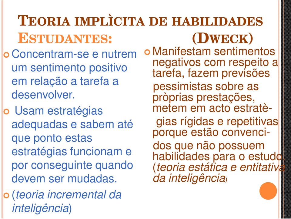 (teoria incremental da inteligência) (DWECK) Manifestam sentimentos negativos com respeito a tarefa, fazem previsões pessimistas sobre as