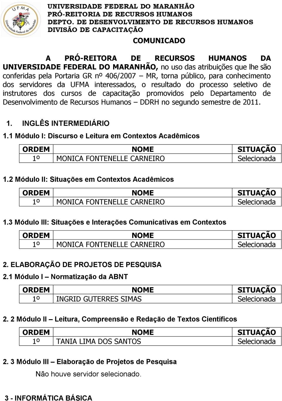 de 2011. 1. INGLÊS INTERMEDIÁRIO 1.1 Módulo I: Discurso e Leitura em Contextos Acadêmicos 1º MONICA FONTENELLE CARNEIRO Selecionada 1.