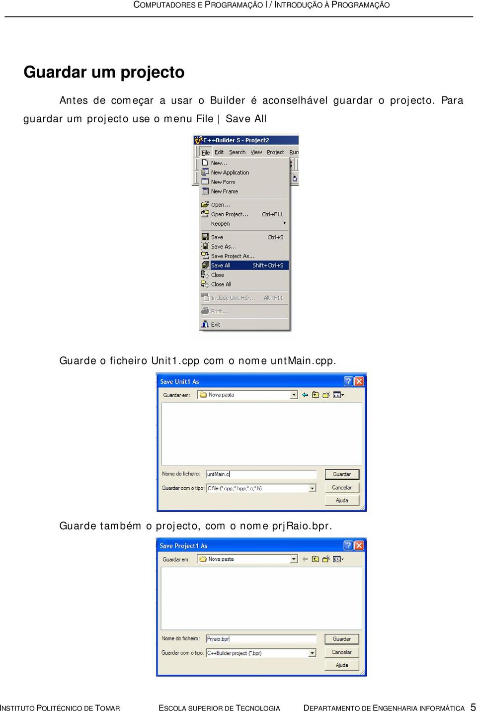 cpp com o nome untmain.cpp. Guarde também o projecto, com o nome prjraio.bpr.