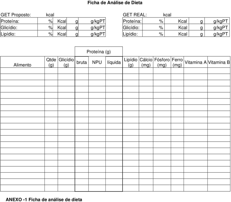 Kcal g g/kgpt Lipídio: % Kcal g g/kgpt Proteína ( Alimento Qtde ( Glicídio ( bruta NPU