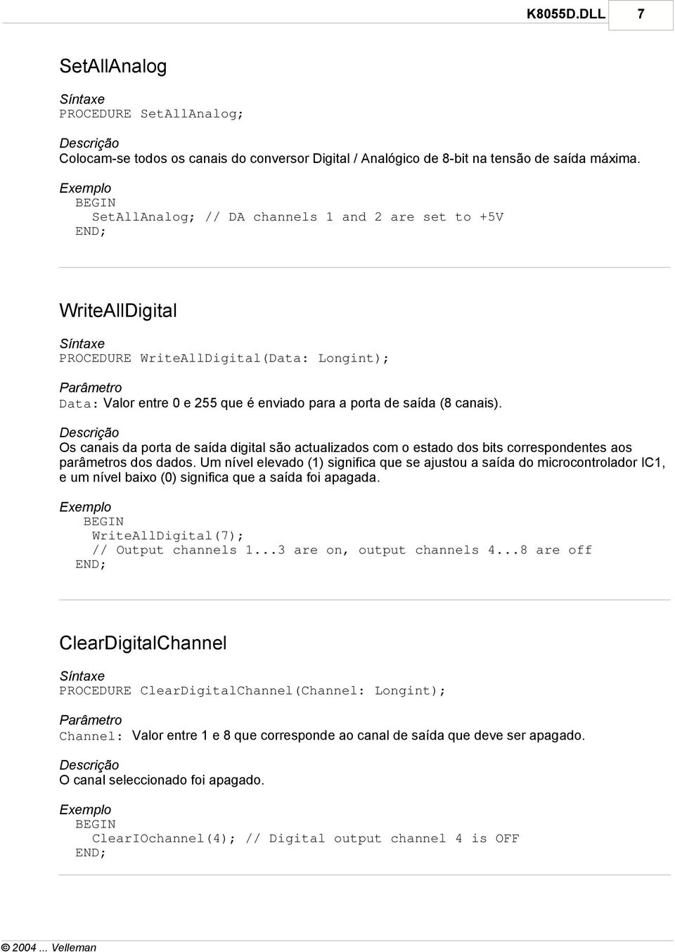 Os canais da porta de saída digital são actualizados com o estado dos bits correspondentes aos parâmetros dos dados.