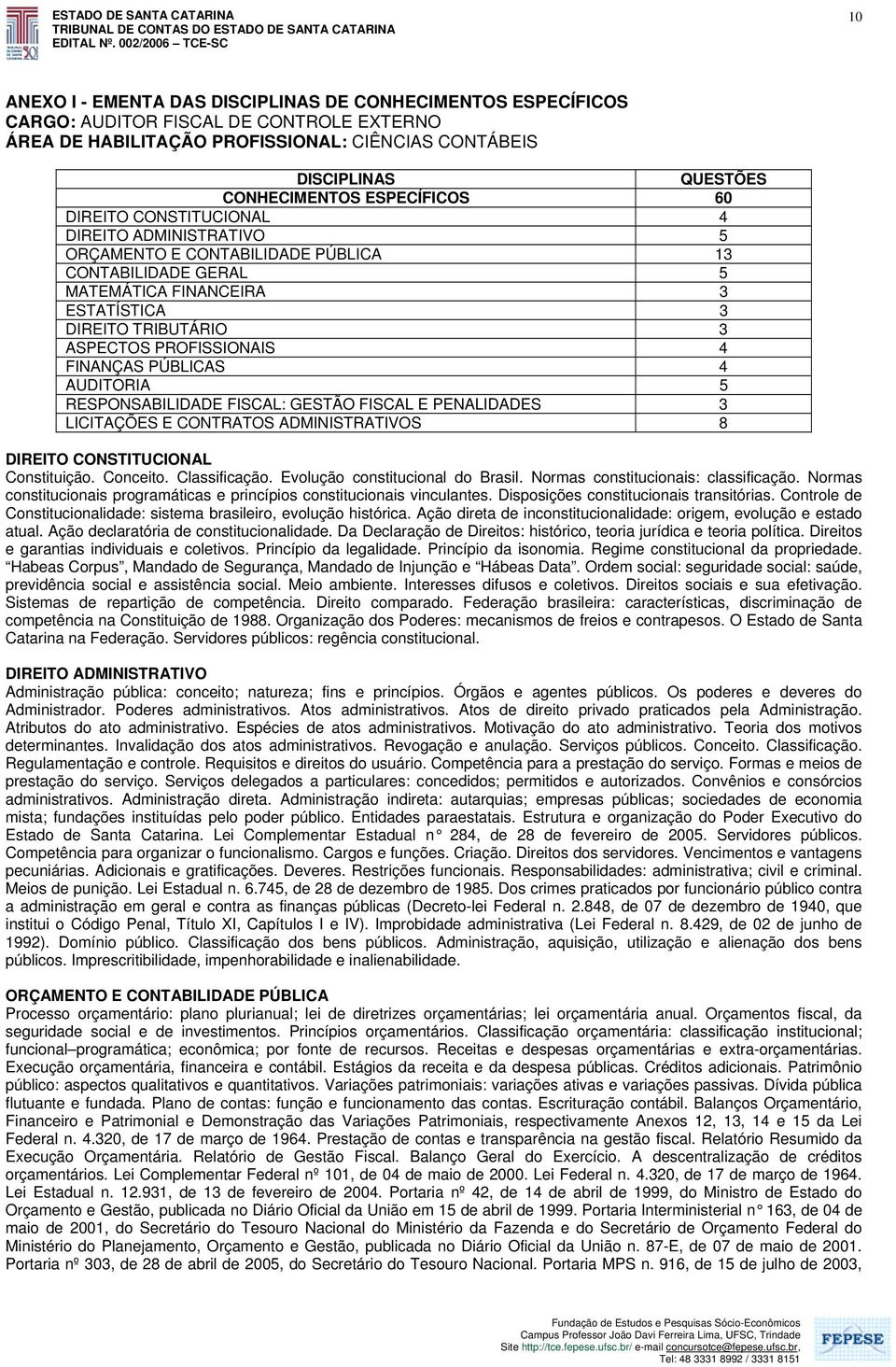 PROFISSIONAIS 4 FINANÇAS PÚBLICAS 4 AUDITORIA 5 RESPONSABILIDADE FISCAL: GESTÃO FISCAL E PENALIDADES 3 LICITAÇÕES E CONTRATOS ADMINISTRATIVOS 8 DIREITO CONSTITUCIONAL Constituição. Conceito.